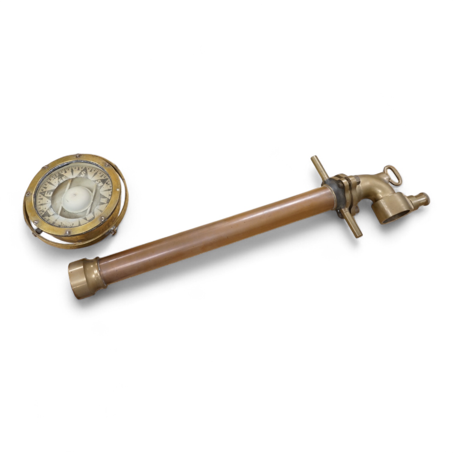 A brass ship's compass in gimbal and a copper water hydrant, 95.5cm